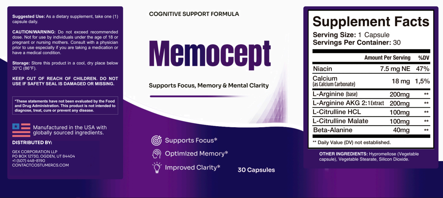 Memocept Supplement Facts label: Potato Amino Acid Compounds, Amino Acid Blend and Chicory Root Compound